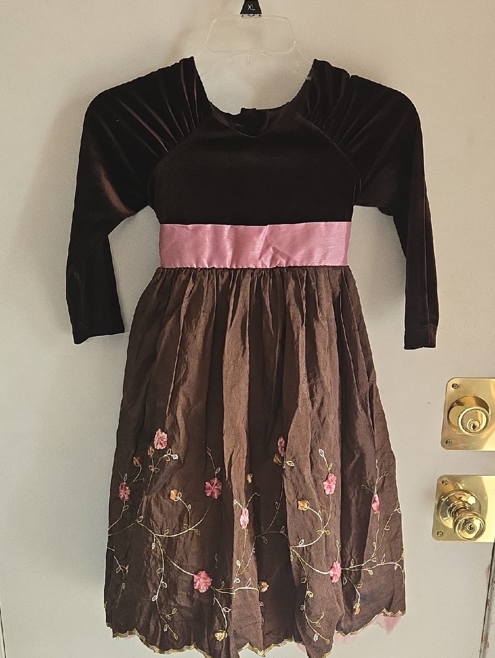 Jona Michelle Brown Velvet Dress with Pink Waistband